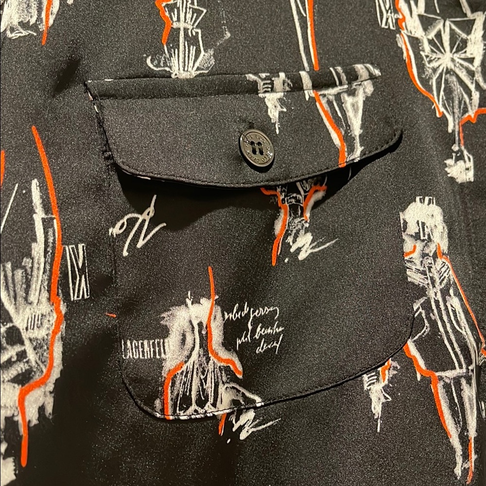 NWOT Karl Lagerfeld Women Black Preppy Graphic Button Down Beach Cover Up Med - Picture 5 of 15